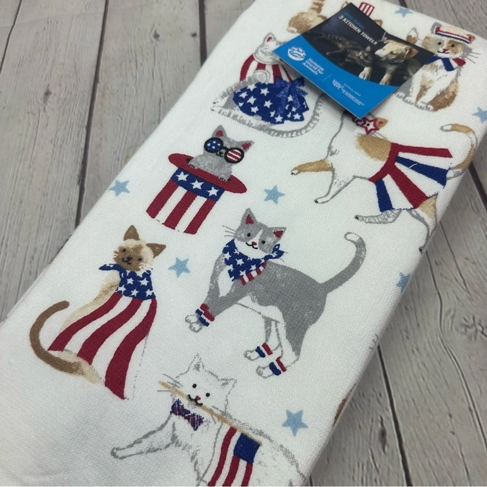 NWT 100% cotton Patriotic Cat Print Kitchen Towel set of 3